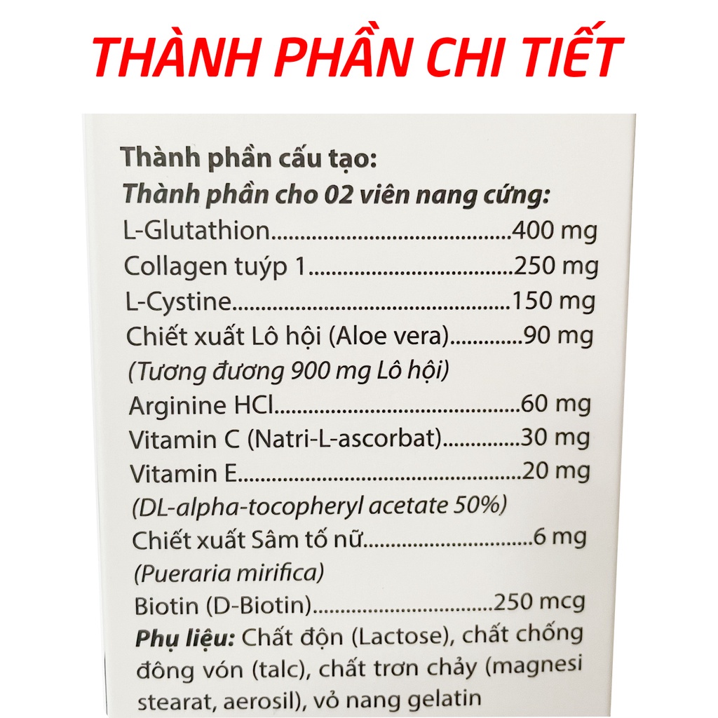 Collagen Glutathion ROXTECH, l-cystine, vitamin E C đẹp sáng da, giảm nám sạm da - 30 viên