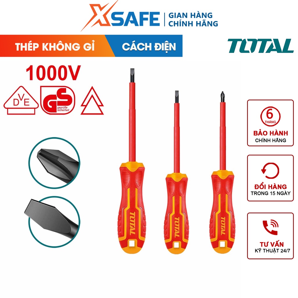 Bộ 3 tua vít cách điện TOTAL THTIS036 gồm SL4.0×100, SL5.5×125, PH2×100, tay cầm thiết kế chuôi tròn tiện lợi