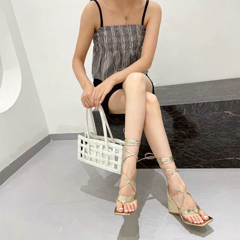 Giày Sandal chiến binh xỏ ngón dây quấn chân cao 9 phân sang chảnh chất da siêu đẹp