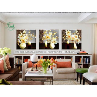 Bộ 3 tranh canvas hoa vàng sang trọng trang trí nhà cửa tặng đinh treo tranh