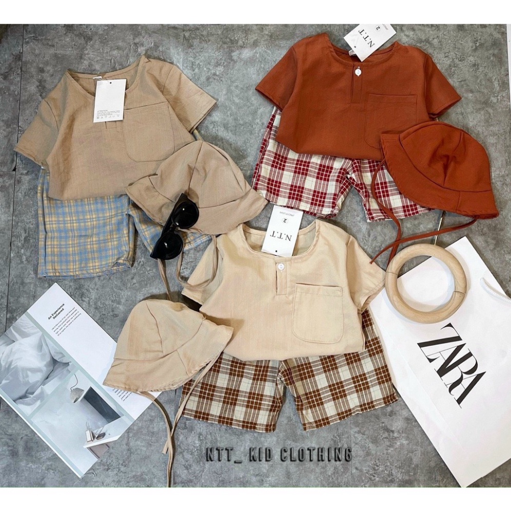 Bộ cộc tay bé trai, Bộ đũi quần kẻ kèm mũ cho bé