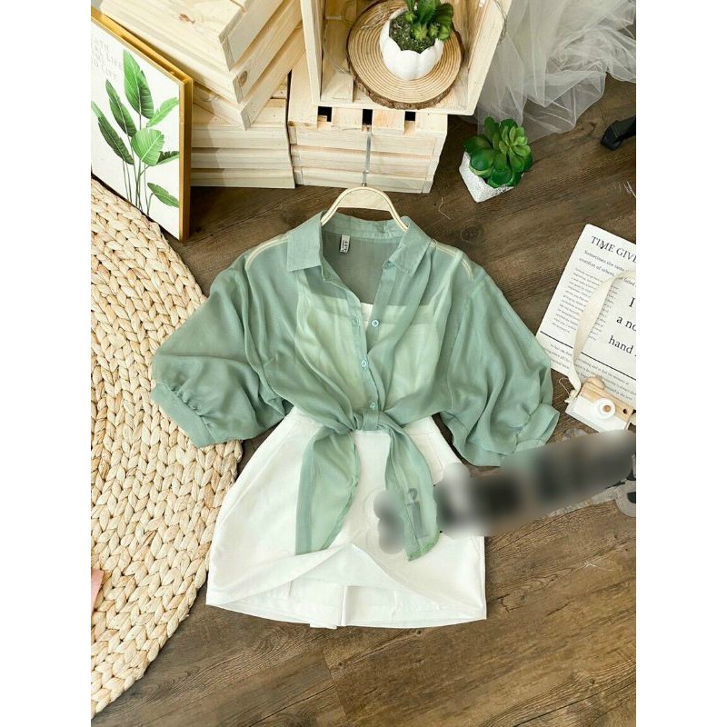 💙💙Áo sơ mi croptop cột eo đẹp xì teen xinh cực kỳ