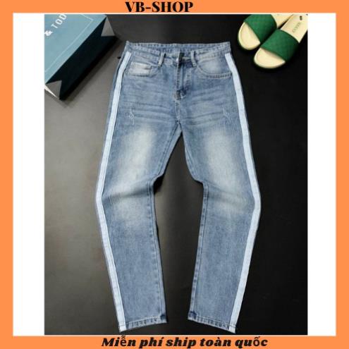 Quần jean nam ống suông màu xanh dương trơn phối sọc trắng chất bò co giãn bốn chiều thời trang cao cấp VBSHOP 2022