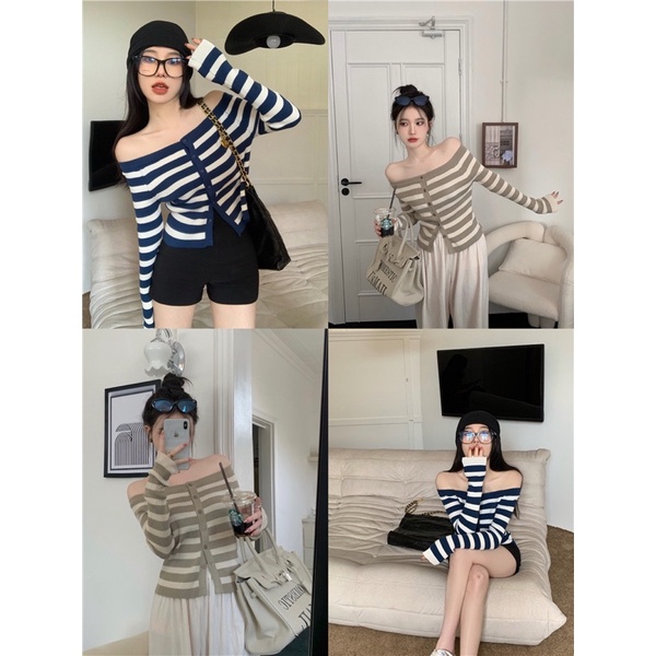 Cici Top - Áo Len Kẻ Ngang Bẹt Vai Phối Khuy