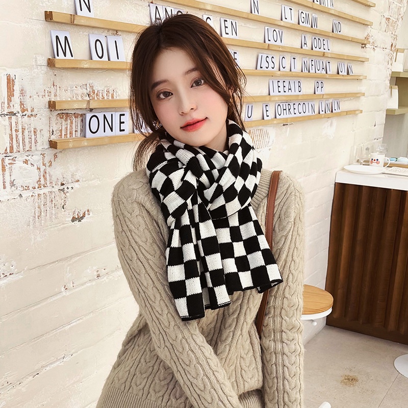 Khăn choàng cổ kẻ ca rô màu đen trắng bằng bông siêu mềm mịn đơn giản cá tính KL04