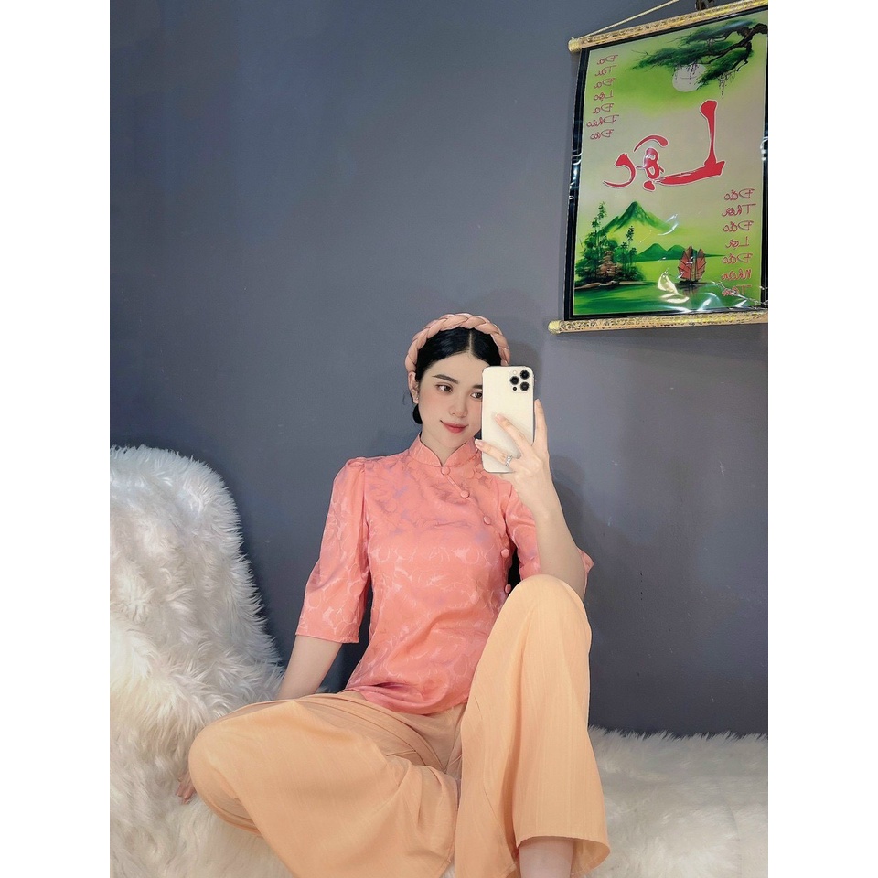 Đồ lam đi chùa nữ - Bộ lụa gấm Phật tử thiết kế vải mềm mịn # Mẫu cổ tàu vạt chéo xinh xắn # Set đi lễ KÈM QUẦN B42