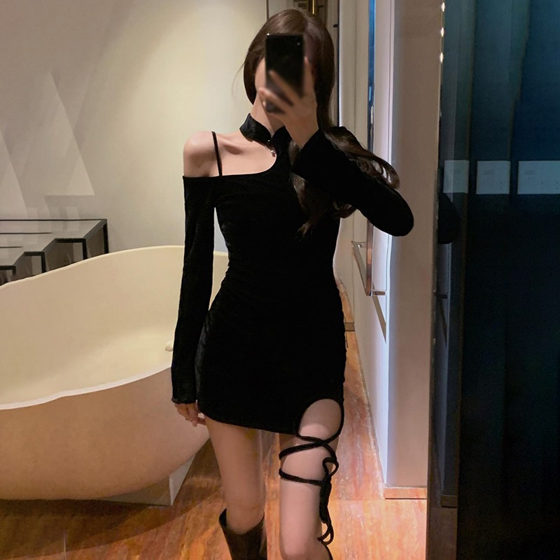 Đầm Mini Cổ Yếm Cột Dây Tay Dài Màu Sắc Trơn Phong Cách Hàn Quốc Quyến Rũ Dành Cho Nữ