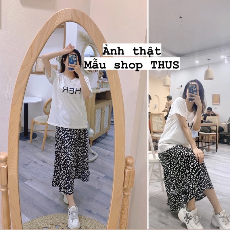 Chân váy hoa nhí dáng dài xoè 2 màu đen trắng