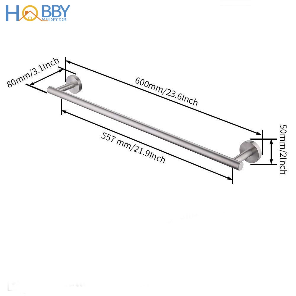 Thanh treo khăn quần áo Inox 304 xước không rỉ sét gắn tường vôi sơn nước - dài 60 - HOBBY MTGT60