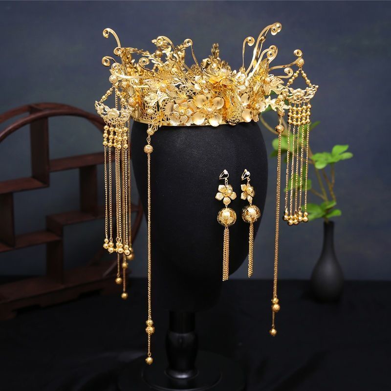 [Aishang Trang Sức Đẹp] Vương Miện Phượng Hoàng Vàng Trung Hoa Cổ Điển Tua Rua Dài Trang Phục Cưới Xiuhe Cho Cô Dâu