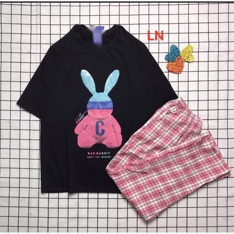 Sét áo 5D thỏ C +quần kẻ xanh LN12