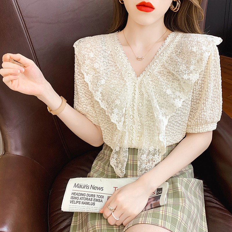 🌟Áo Kiểu Tay Ngắn Cổ Chữ v Phối Ren Mỏng 2021 Phong Cách | BigBuy360 - bigbuy360.vn