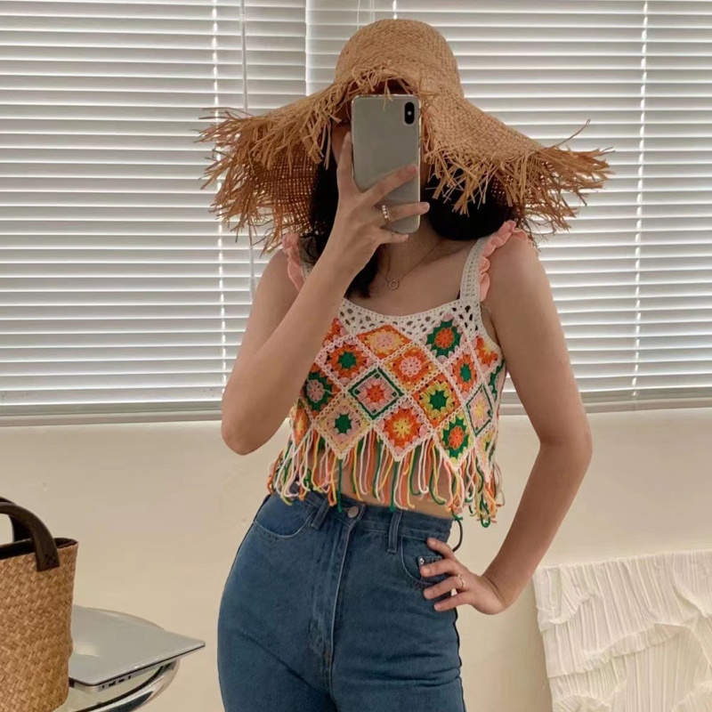 Xiangbao Áo Crop Top Dệt Kim Đan Móc Hình Học Tua Rua Màu Cầu Vồng Thích Hợp Đi Biển