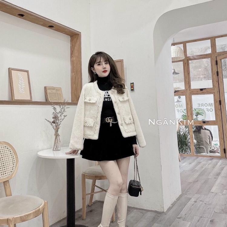 ÁO LÔNG DẠ VIỀN CÚC  DÂY DỆT TRẮNG 4 NẮP TÚI