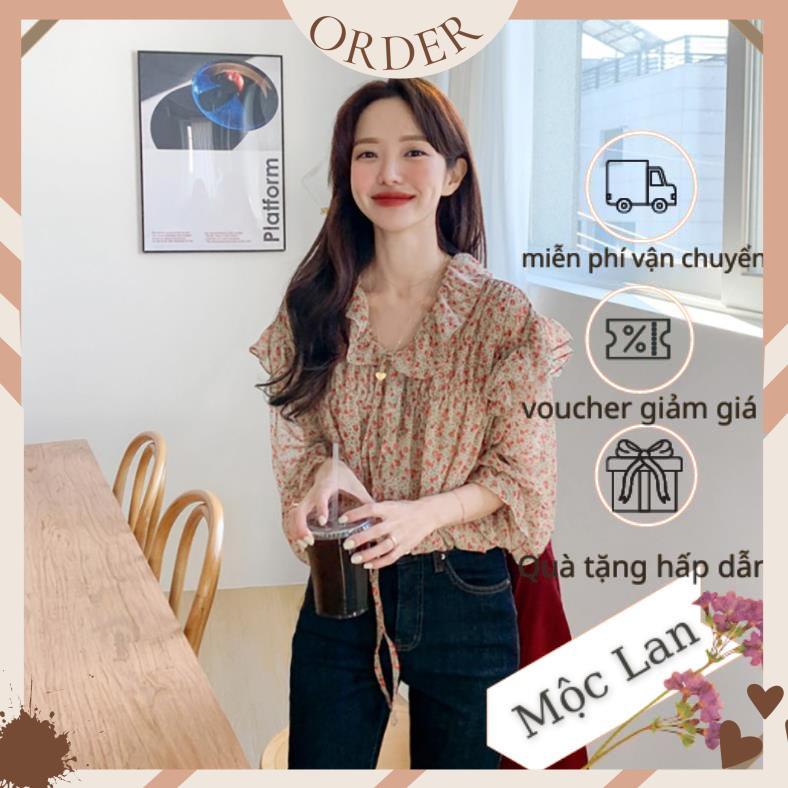 (MộcLan ORDER) Áo sơ mi nữ voan hoa nhí cổ phối bèo thắt nơ nhẹ nhàng vintage Hàn Quốc