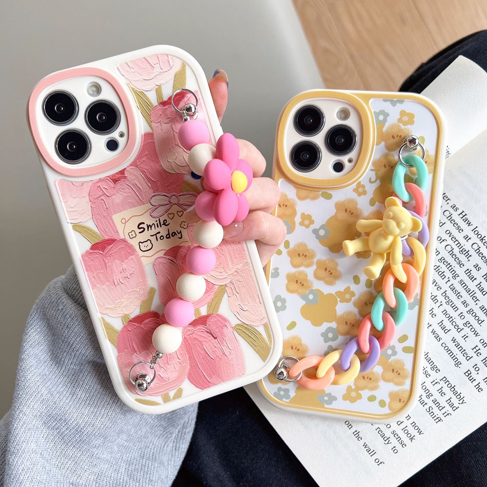 Hộp đựng dây chuyền samsung galaxy a22 a21s a20s s23 s22 plus ultra s21 s20 fe bear flower chain case điện thoại tpu mềm vỏ bảo vệ ống kính hình bầu dục hoa