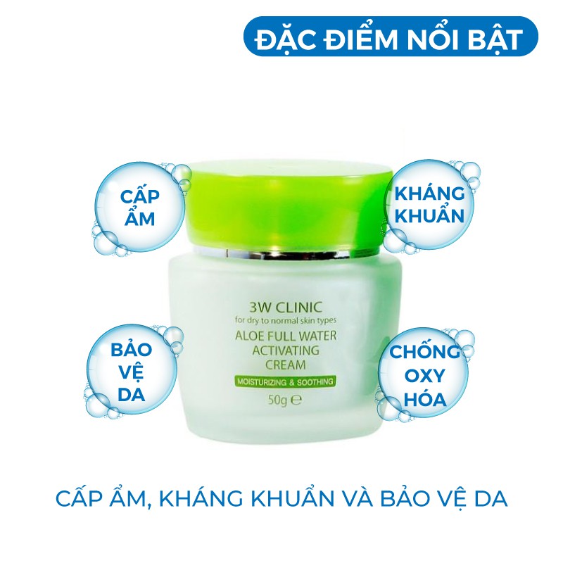 Kem dưỡng trắng da cấp nước tinh chất lô hội 3W Clinic Aloe Full Water Activating Cream Hàn Quốc 50ml