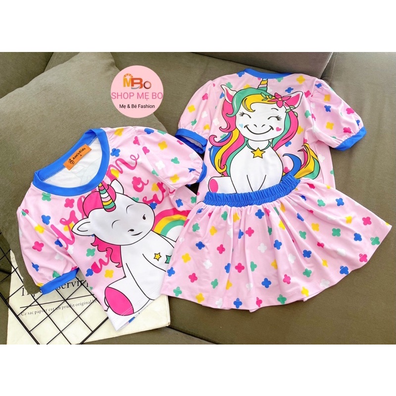 Set Đồ bộ bé gái thun cotton chân váy kèm quần chip in hoạt hình siêu đáng yêu từ 8 đến 25kg