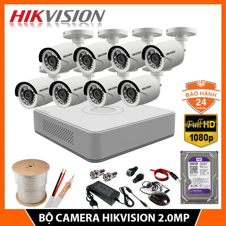 Trọn Bộ Camera giám sát HIKVISION 5/6/7/8 mắt 2.0MP, FHD 1080P, Ổ cứng HDD, Đầy đủ phụ kiện, BH 24 THÁNG