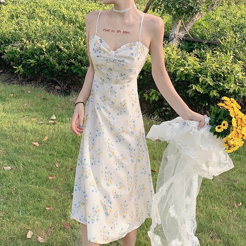 Đầm nữ hoa nhí hai dây dáng xòe midi Emilyshop