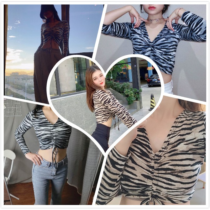 Áo Croptop Tay Dài Hoạ Tiết Ngựa Vằn Thiết Kế Dây Rút Nữ Tính