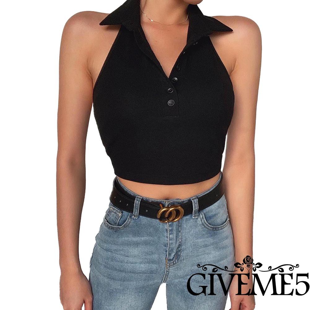 Áo Croptop Sát Nách Cổ Chữ V Phối Nút Hợp Thời Trang Cho Nữ