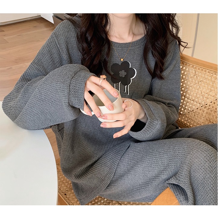 Đồ bộ bầu và sau sinh cho con bú thu đông họa tiết bông hoa quần có chun cúc điều chỉnh tiện lợi, chất cotton cao cấp