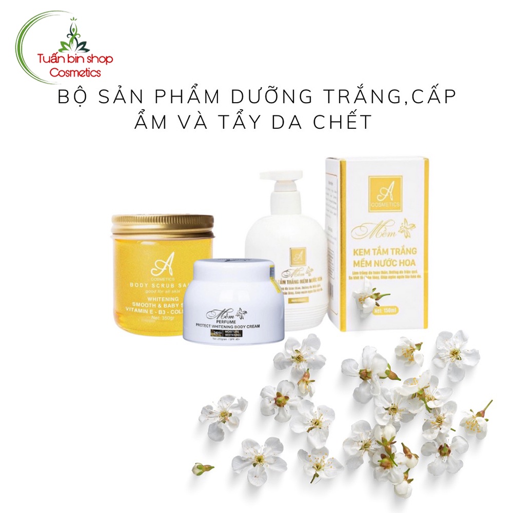 Bộ sản phẩm dưỡng trắng, cấp ẩm toàn thân Acosmetics (Kem body mềm, kem tắm trắng mềm nước hoa và muối tẩy tế bào chết)