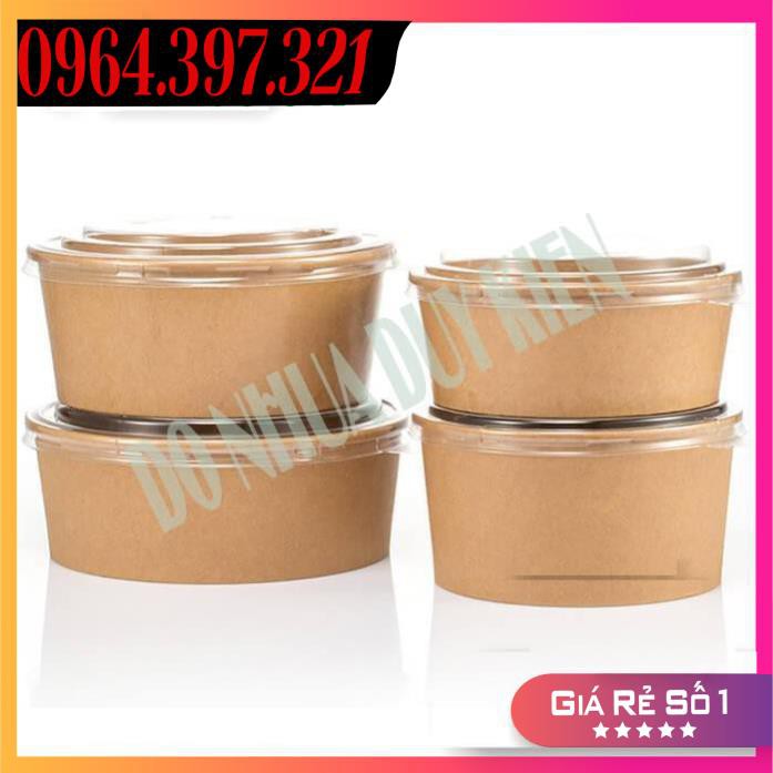 Sỉ Combo 50 Tô Giấy Kraft Màu Nâu Nắp Mờ Size 750ml Hoặc 1000ml Dùng Để Đựng Đồ Nóng Cháo Phở Hoặc Bánh Đồ Ăn Các Loại