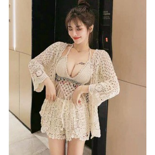 BIKINI LEN 3 MÓN KÈM ÁO KHOÁC REN ĐI BIỂN, VIDEO +ẢNH THẬT SÀN 100%