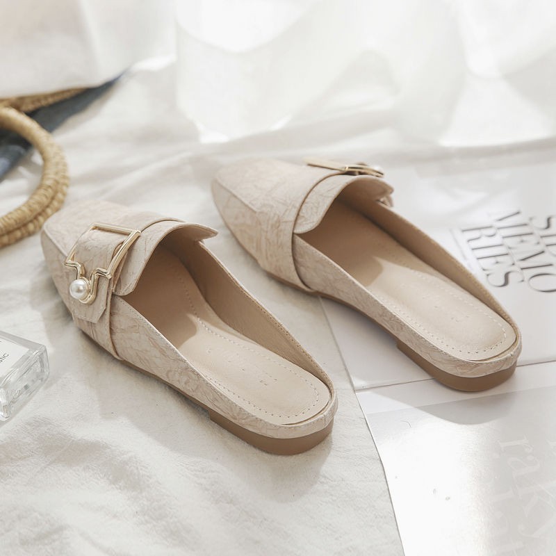 Giày sục da cá sần đính hạt ngọc da cao cấp