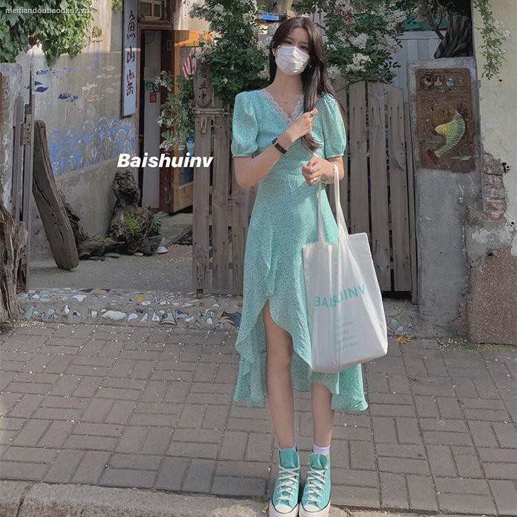 Đầm Hoa Cổ Chữ V Tay Ngắn Phối Bèo Thời Trang Mùa Hè Cho Nữ 2021