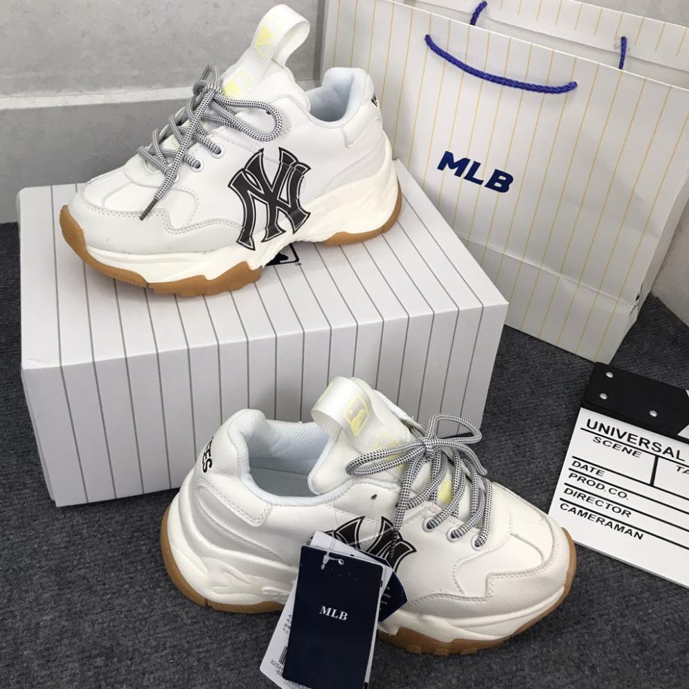 Giày sneaker mlb NY đen đế nâu, Giày thể thao nam nữ NY đen da bò tăng chiều cao 4cm full size