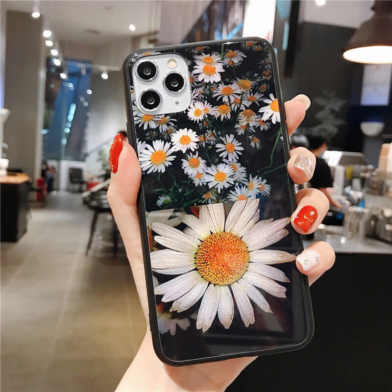 Ốp Lưng Kính Bóng Hoa Cúc 13ProMax 12ProMax 11ProMax XSMAX X XS 7Plus FUKISHOP