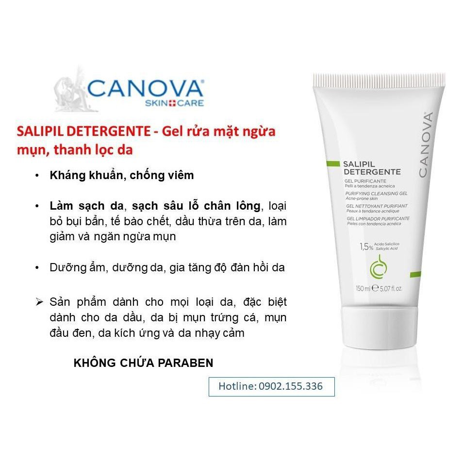 🇮🇹[TEM CTY] CANOVA Salipil Detergente 1,5% 150mL - Gel rửa mặt ngừa mụn, dưỡng da