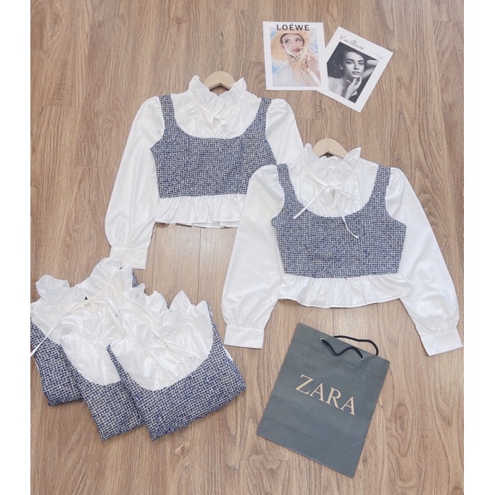 Áo SơMi Phối Dạ Tweet Xanh Cổ Bèo