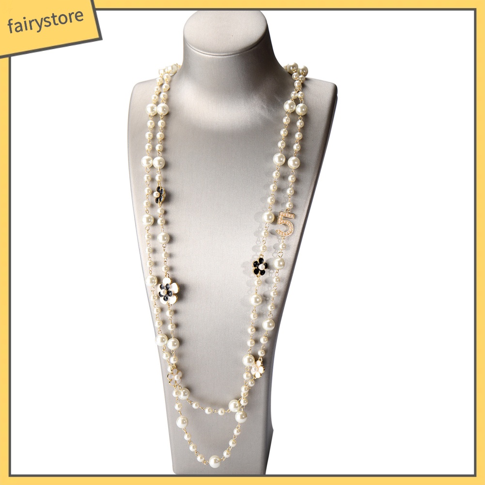 Dây chuyền dài hai lớp nhiều mặt họa tiết xỏ ngọc trai giả cho nữ