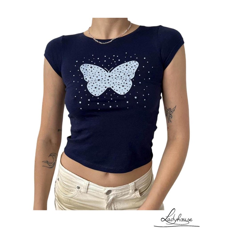 Áo Thun Cổ Tròn Tay Ngắn In Họa Tiết Bướm / Chấm Bi Thời Trang Mùa Hè Dành Cho Nữ