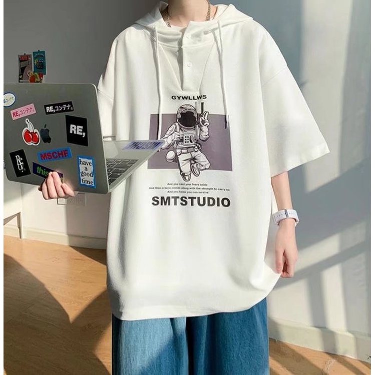 Áo Hoodie Tay Ngắn Dáng Rộng In Hình Phi Hành Gia Kiểu Hip-Hop Đường Phố Nhật Bản Cỡ M-3XL Cho Nam