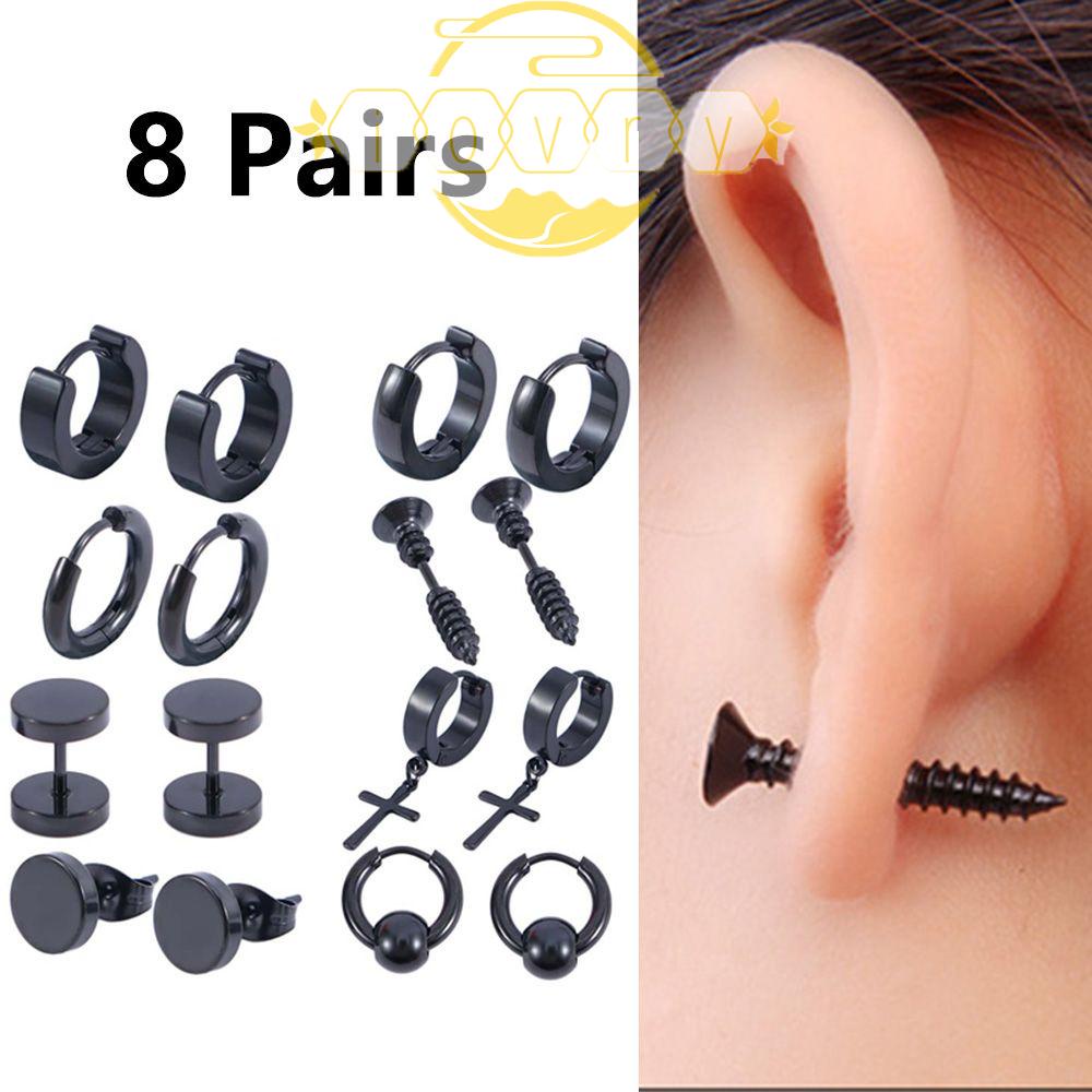 Set 8 Đôi Khuyên Tai Tròn Bằng Thép Titan Không Gỉ Màu Ngà Phong Cách Rock Punk Dành Cho Nam Và Nữ