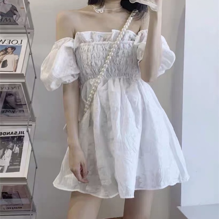 AMOI Đầm Ngắn Trễ Vai Tay Phồng Dễ Thương Dành Cho Nữ