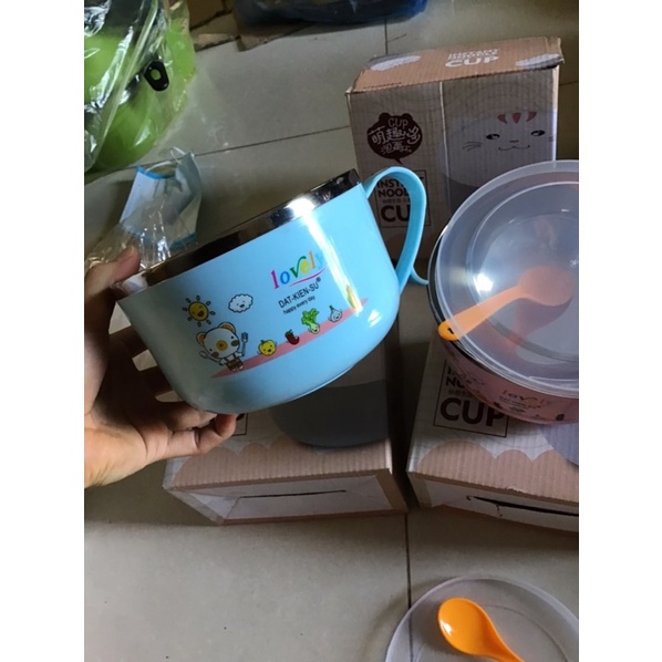 Bát ăn dặm inox cách nhiệt cho bé kèm nắp và thìa 15cm