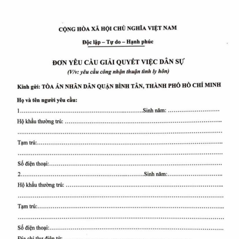 Mẫu đơn ly hôn quận Bình Tân, Thành phố Hồ Chí Minh