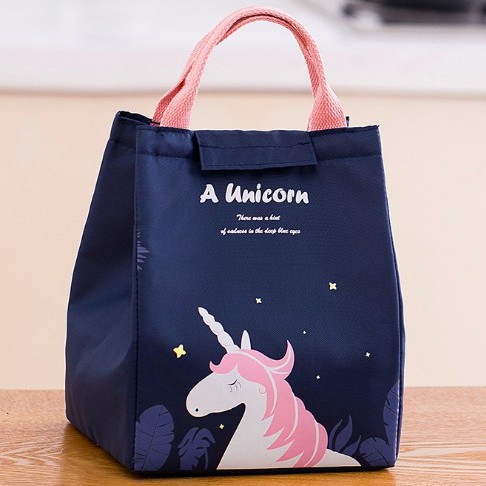 Túi đựng cơm vải Oxford Pink Unicorn nắp dính có lớp lót nhôm giữ nhiệt (sizesize 18x15x24cm)