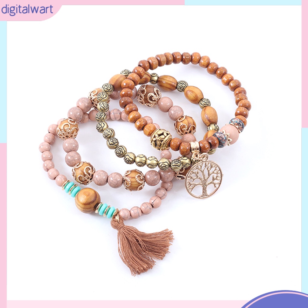 Bộ 4 vòng tay chuỗi hạt gỗ phối tua thời trang dành cho nam và nữ