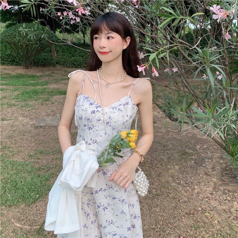 Set váy dây trắng hoa nhí tím áo khoác croptop ullzang