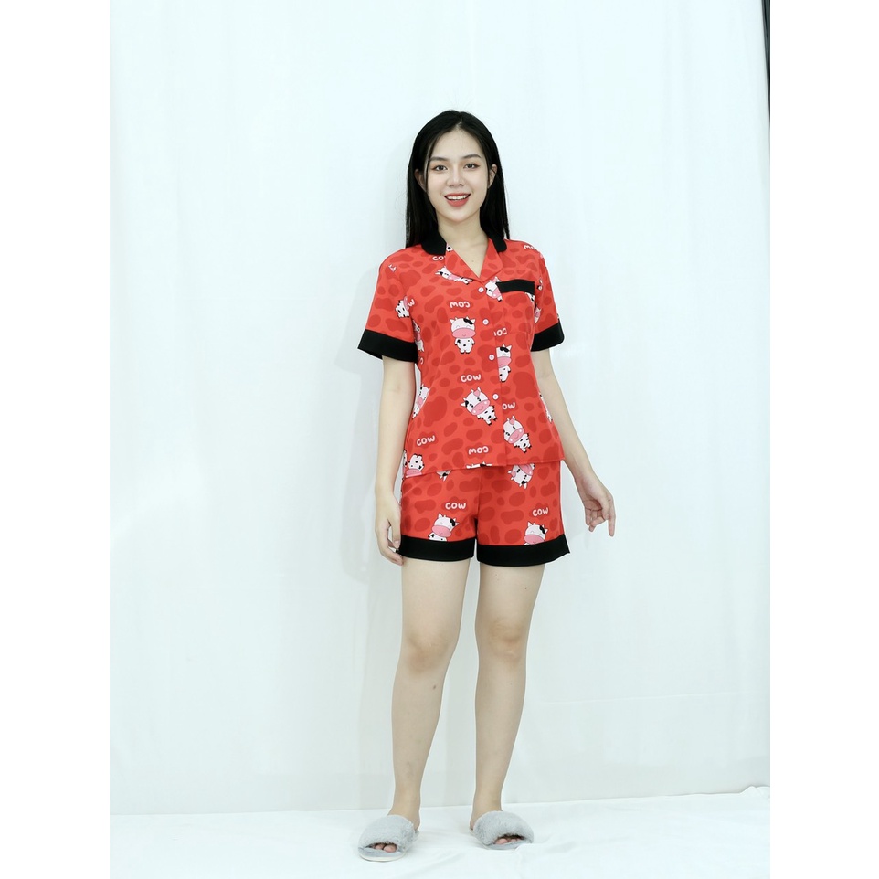 [HÌNH THẬT 100%]  Bộ đồ bộ ngắn MÀU ĐỎ CON THÚ CỰC XINH  - vải siêu lụa  - Cực Kì Sang Chảnh