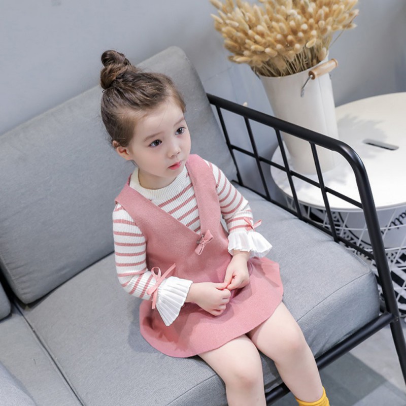 Babyme Autumn Baby Girls Stripe Print Long Flare Sleeve Fake 2 Piece Dress Kids Princess Dresses