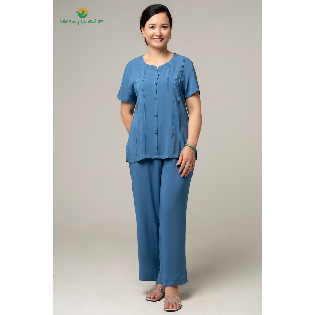 Bộ đồ lanh quần dài áo cộc tay trung niên Việt Thắng B28.2201