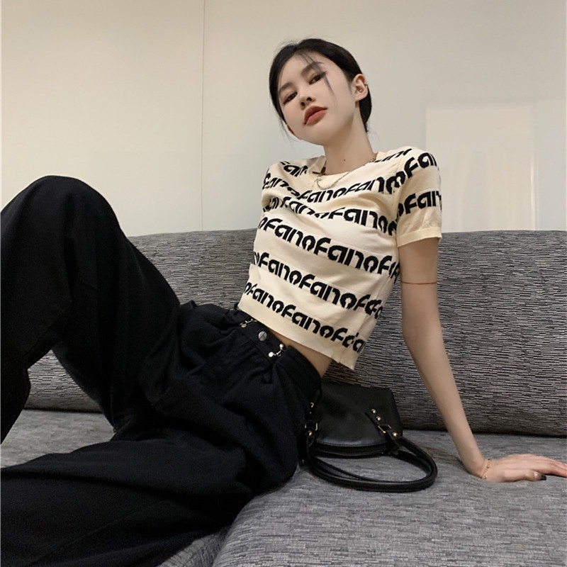 Áo Thun Lửng Ngắn Tay In Chữ Thời Trang Cho Nữ